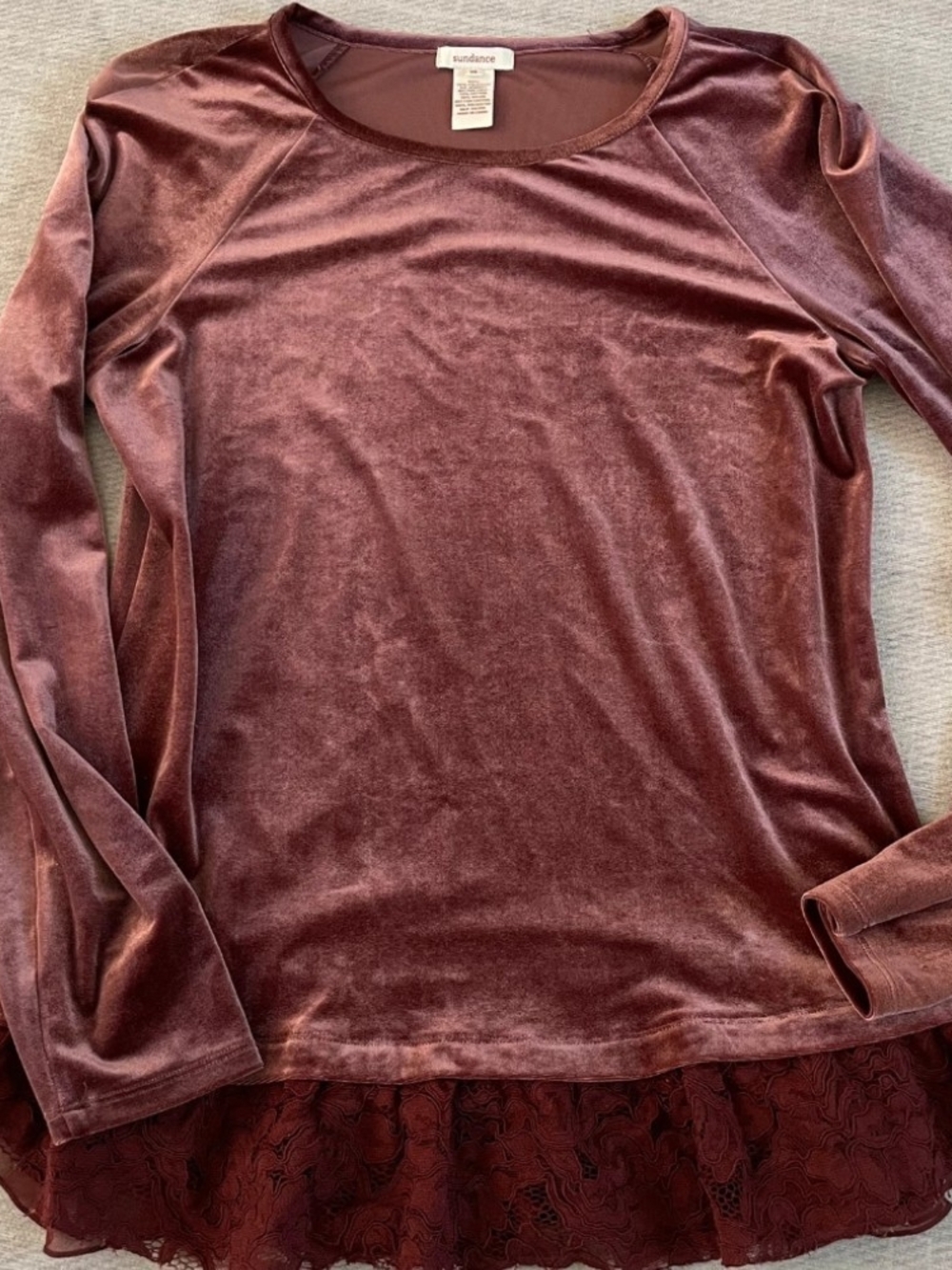 Sundance Velvet Crewneck Sweater in Rust with Lace Hem
